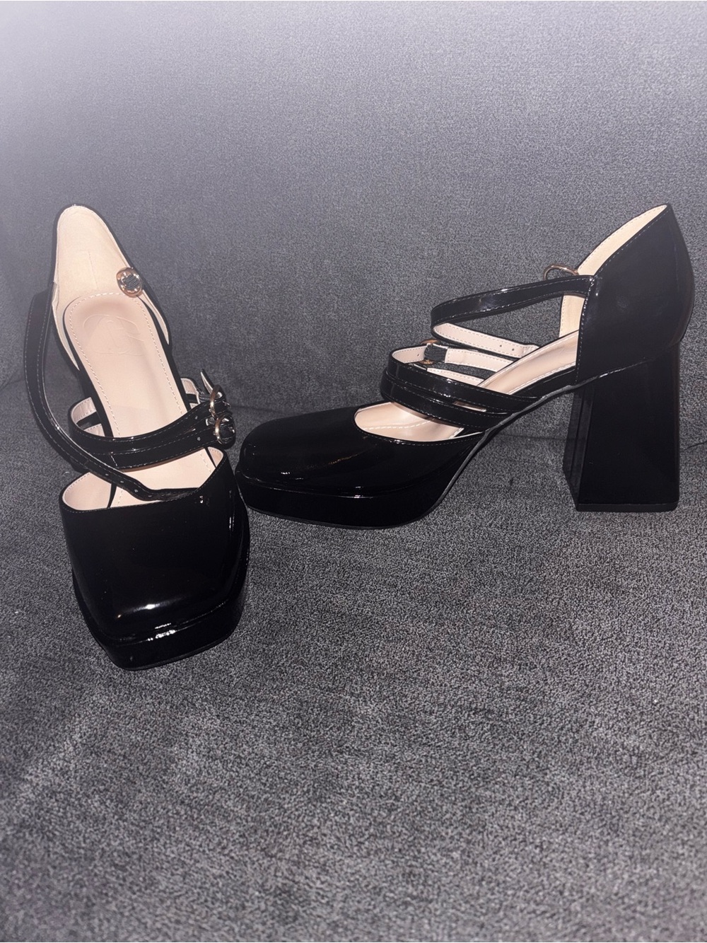 SHEIN Black Patent Double-Strap Platform Heels